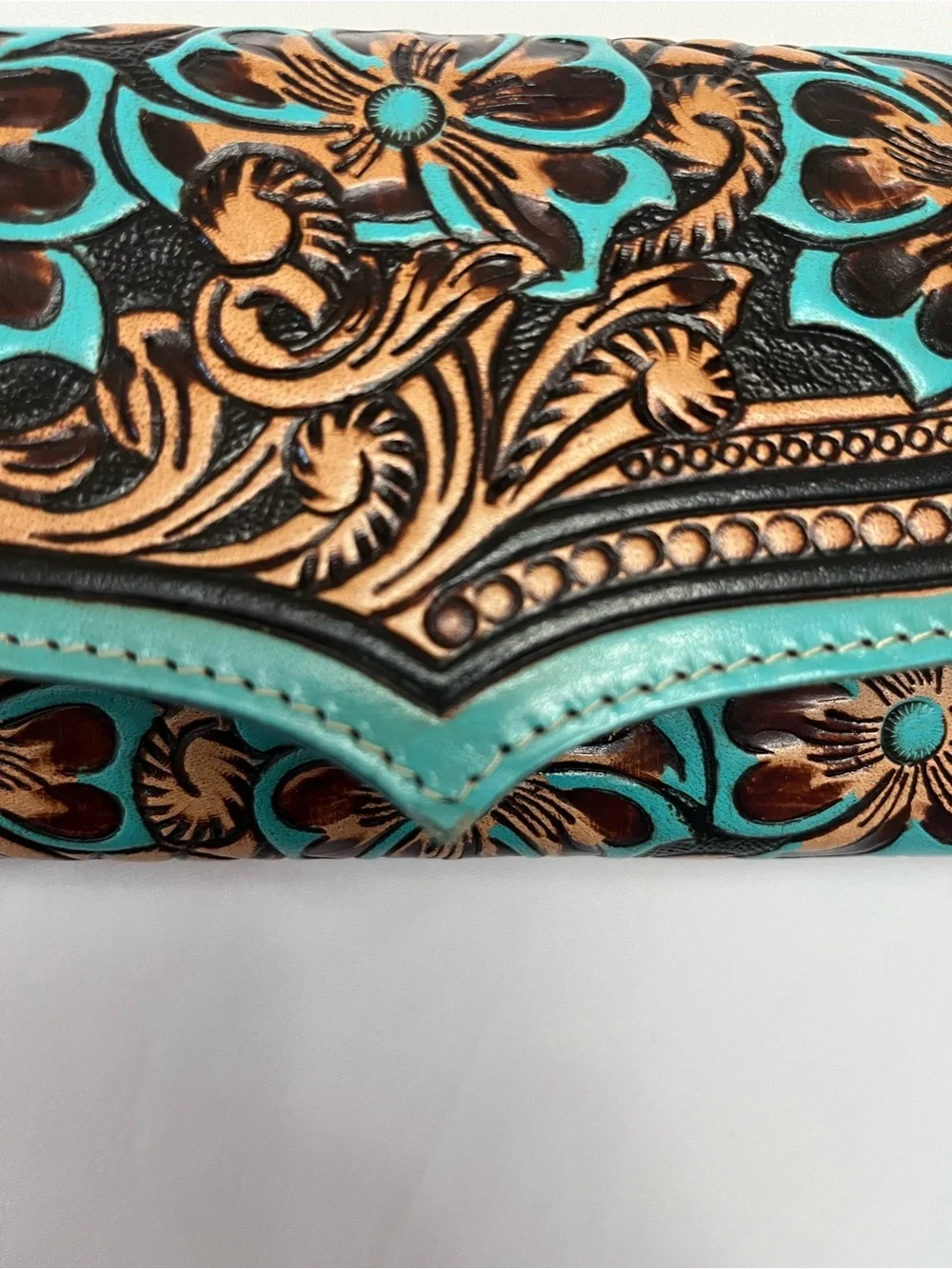 Myra Flower Crest Tooled Leather Wallet Floral Embossed With Turquose Accents